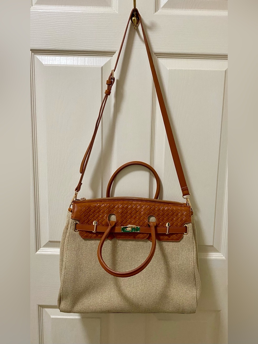 Urban Expressions Woven Leather-Trim Canvas Tote in Tan